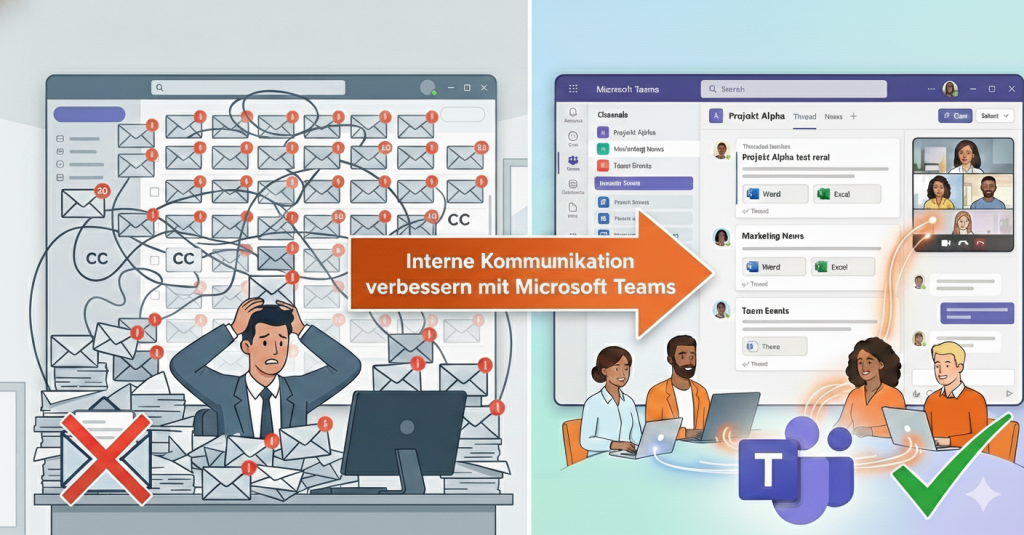 Vergleich der internen Kommunikation: Links das Chaos durch E-Mail-Flut, rechts die strukturierte Zusammenarbeit in Microsoft Teams Kanälen mit Fokus auf Effizienz.